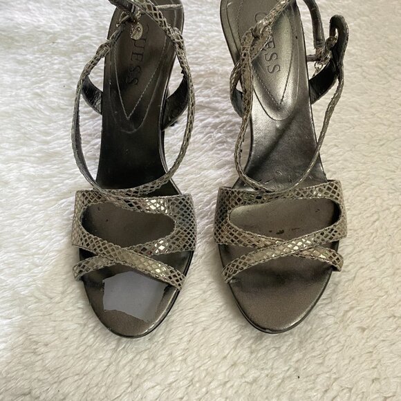 Vintage Guess Metallic Silver Snake Print Strapy Heels - Picture 3 of 14